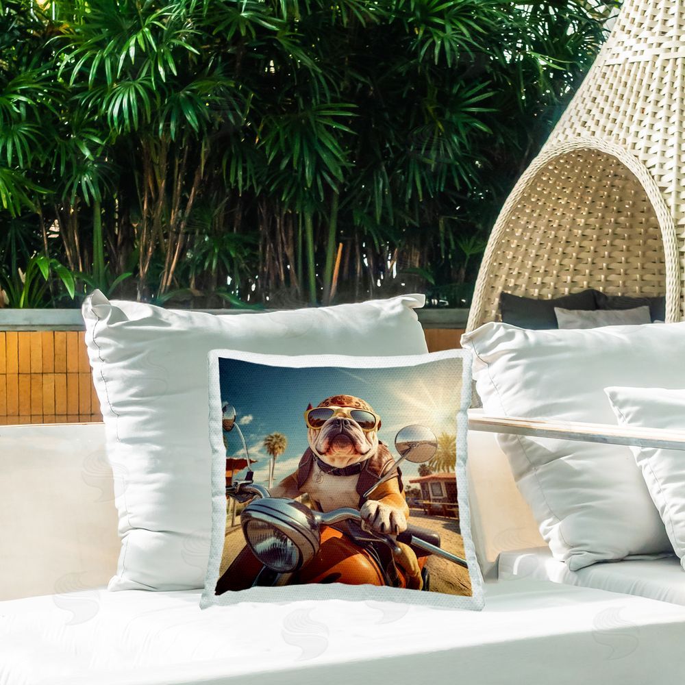 Jim Baldwin Bulldog with Motorcycle Outdoor Quick-Dry Polyester Printed Throw Pillow in Back Yard