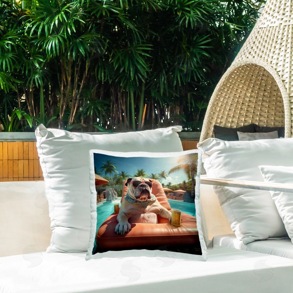 Jim Baldwin Tropical Pool Dog Outdoor Quick-Dry Polyester Printed Throw Pillow in Back Yard