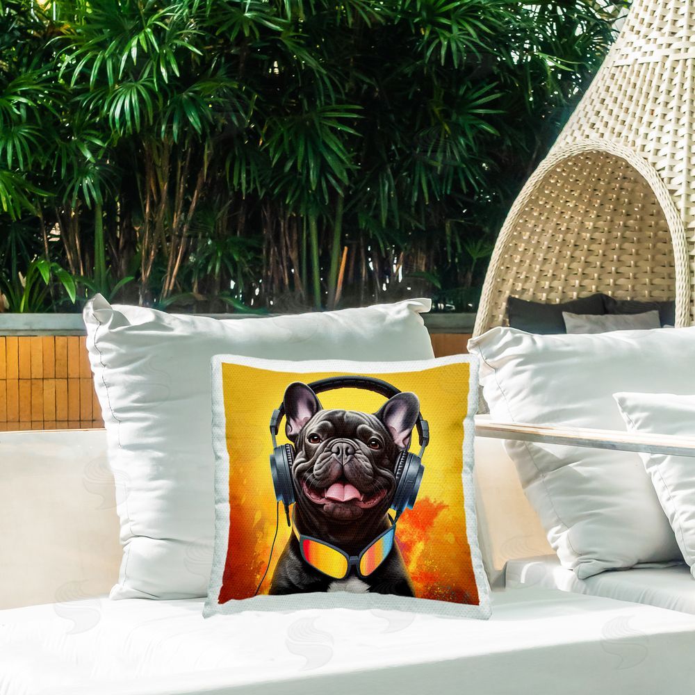 Jim Baldwin Dog & Headphones Portrait Outdoor Quick-Dry Polyester Printed Throw Pillow in Back Yard