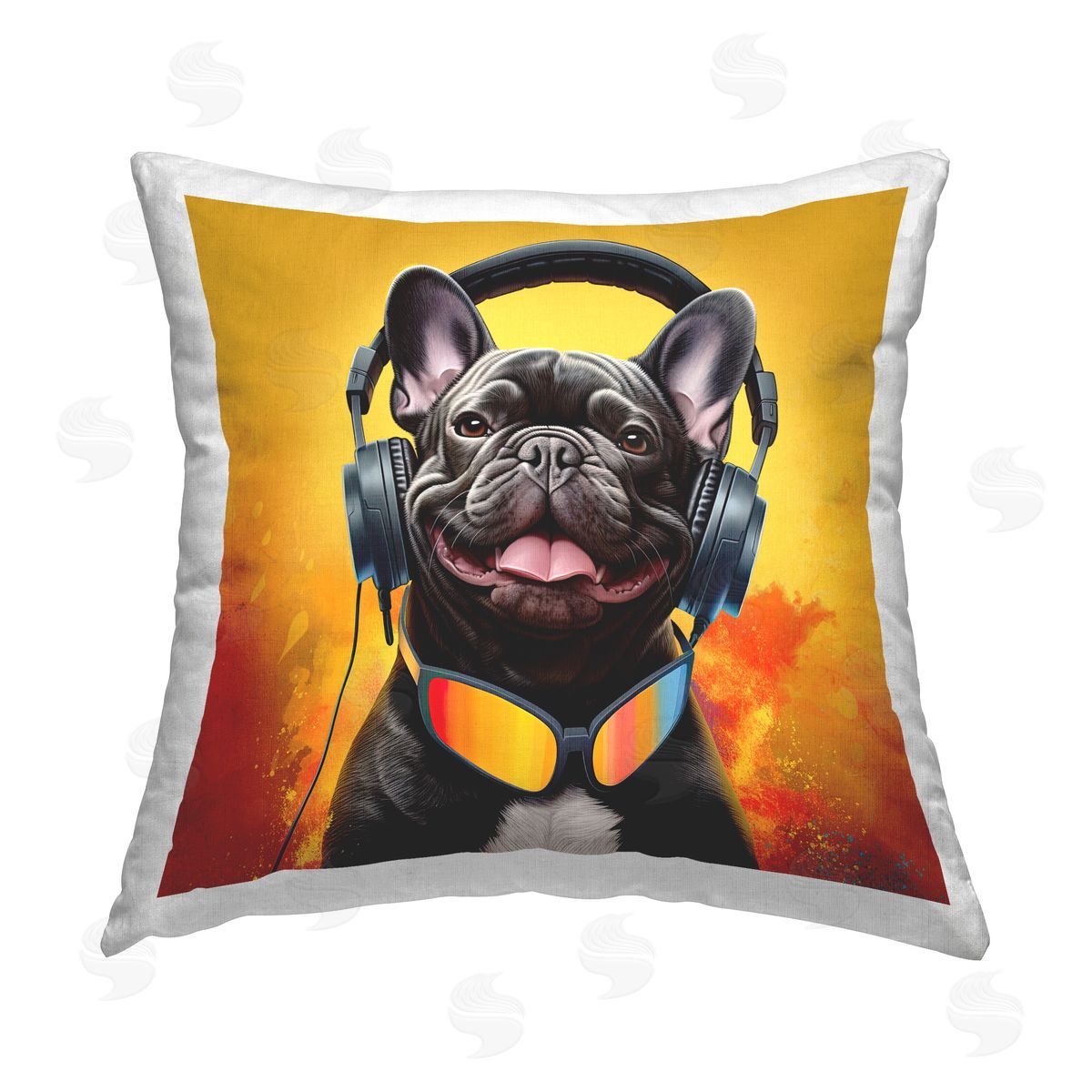 Jim Baldwin Dog & Headphones Portrait Printed Plush Polyester Throw Pillow