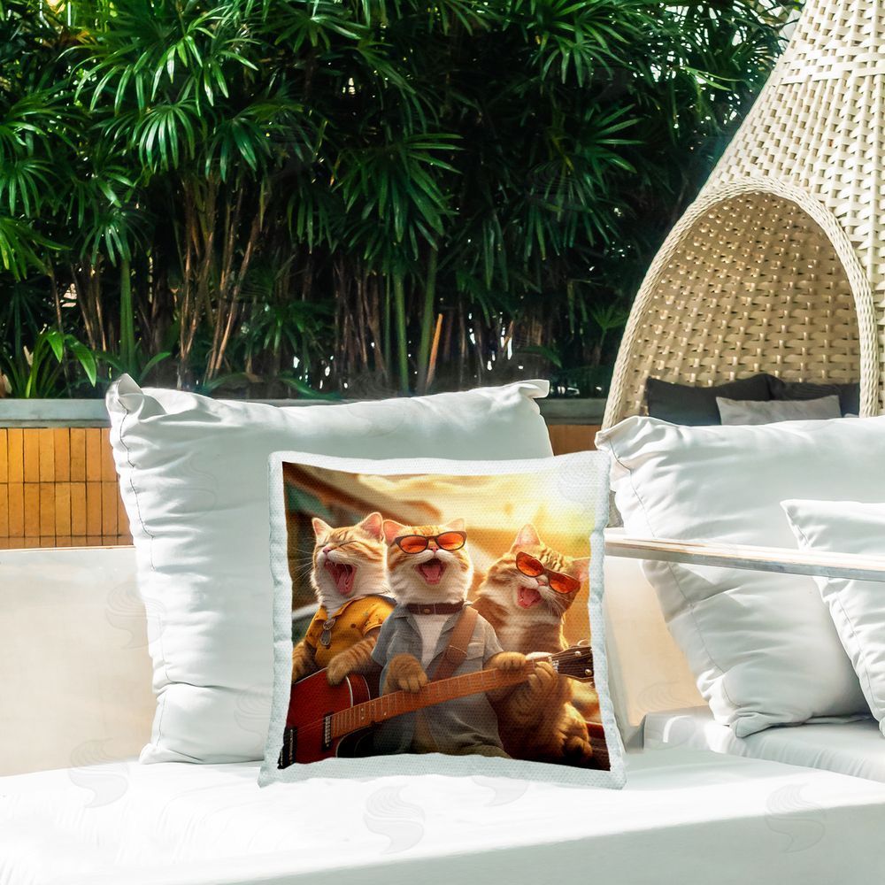 Jim Baldwin Cats Singing with Guitar Outdoor Quick-Dry Polyester Printed Throw Pillow in Back Yard