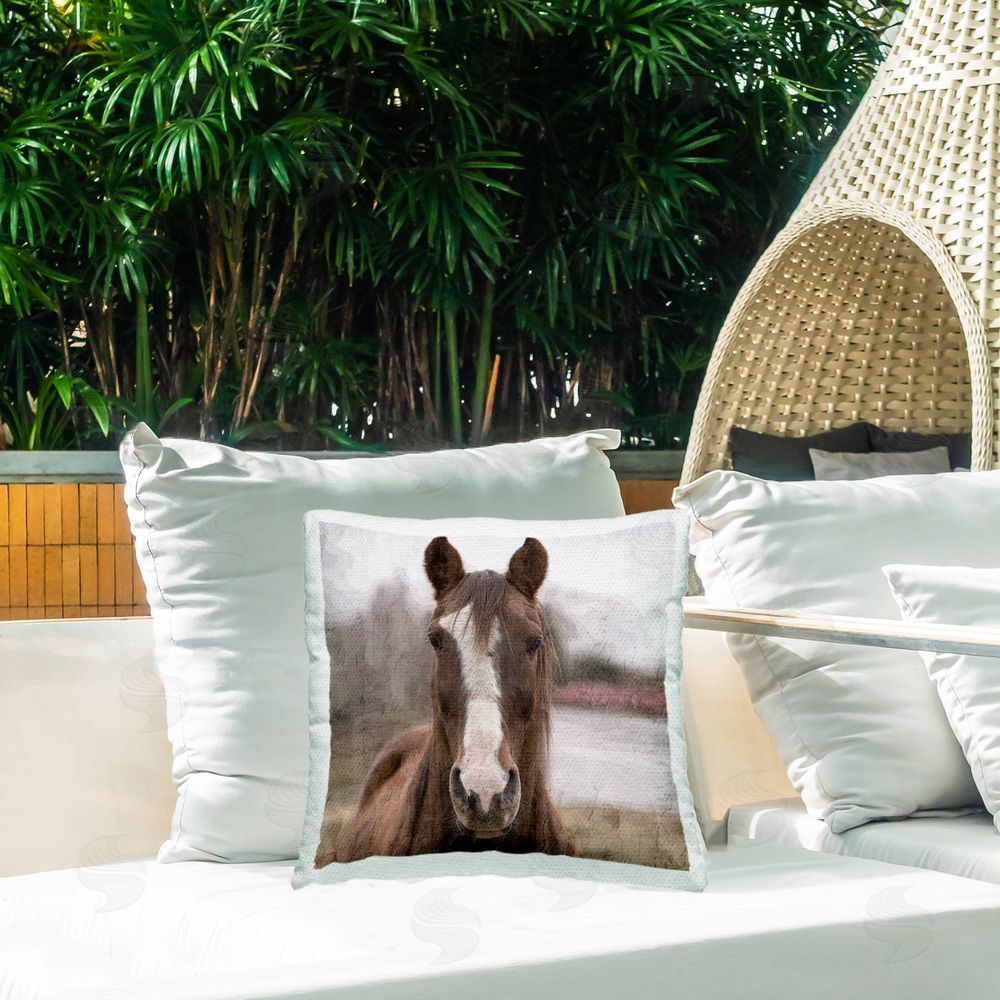 Kim Allen Rustic Brown Horse Outdoor Quick-Dry Polyester Printed Throw Pillow in Back Yard