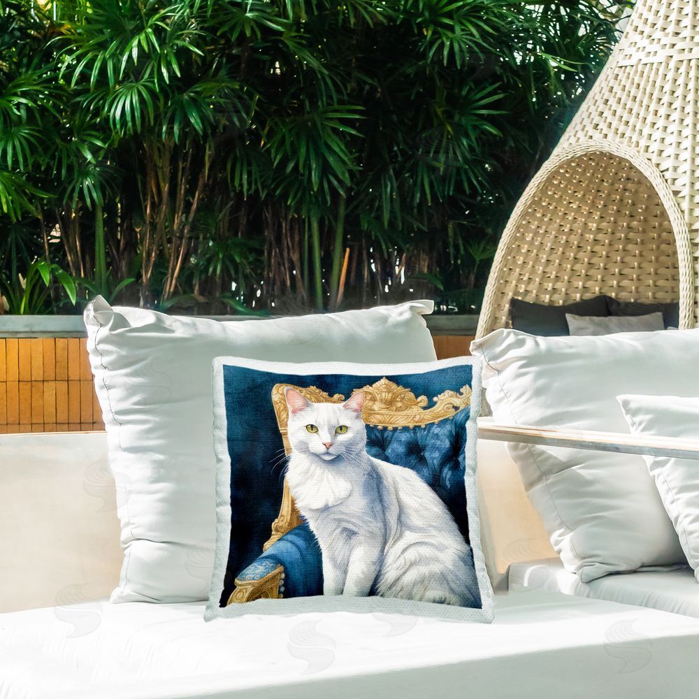Kim Allen Elegant White Cat Outdoor Quick-Dry Polyester Printed Throw Pillow in Back Yard
