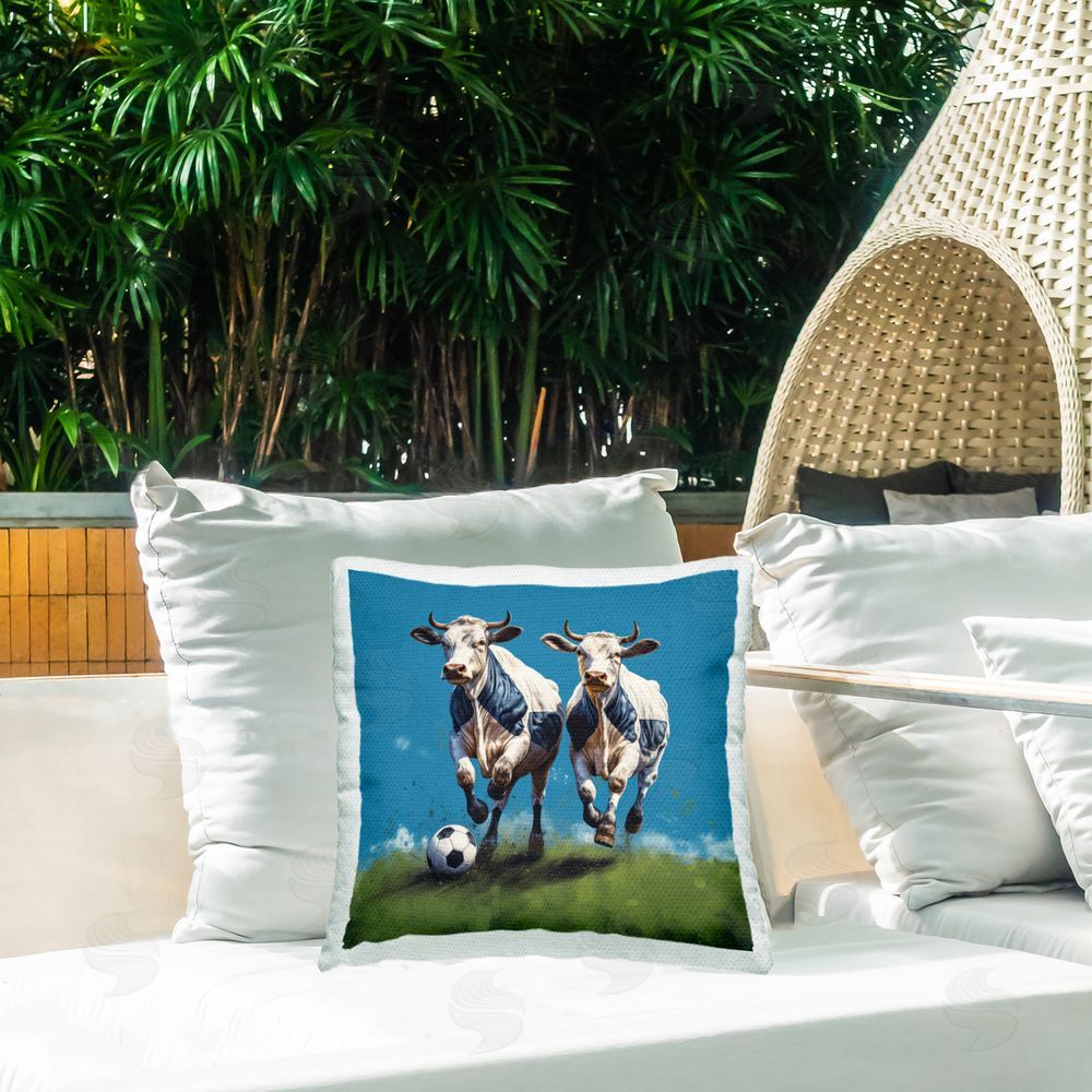 Lazar Studio Cows Playing Soccer Outdoor Quick-Dry Polyester Printed Throw Pillow in Back Yard