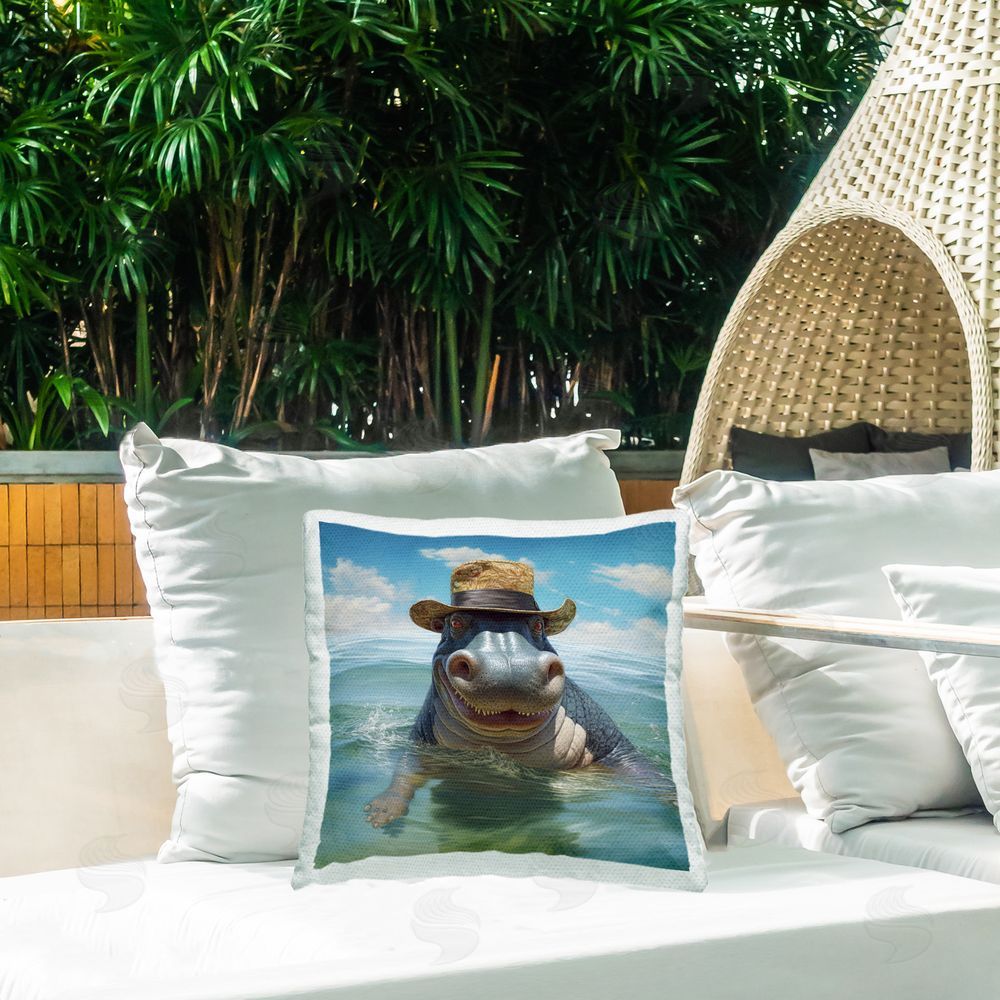 Lazar Studio Hippo Wearing Hat Outdoor Quick-Dry Polyester Printed Throw Pillow in Back Yard