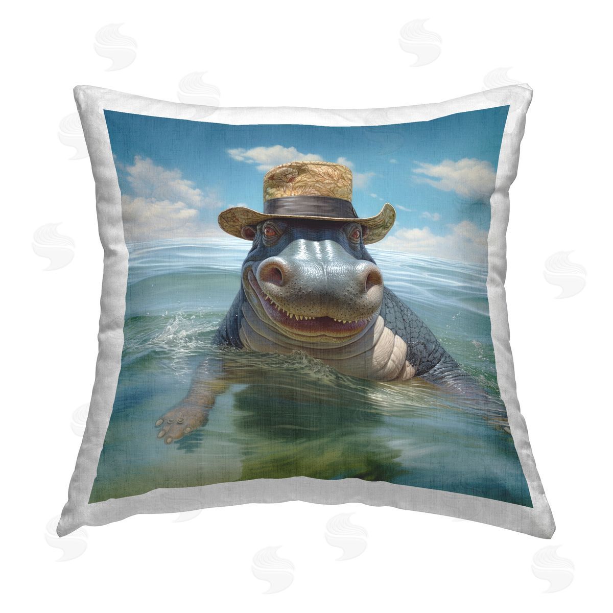 Lazar Studio Hippo Wearing Hat Printed Plush Polyester Throw Pillow