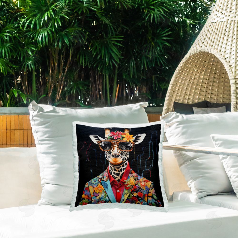 Lazar Studio Giraffe in Floral Suit Outdoor Quick-Dry Polyester Printed Throw Pillow in Back Yard