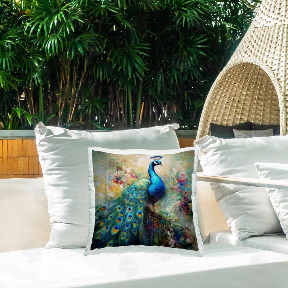 Lazar Studio Elegant Peacock Feathers Outdoor Quick-Dry Polyester Printed Throw Pillow in Back Yard