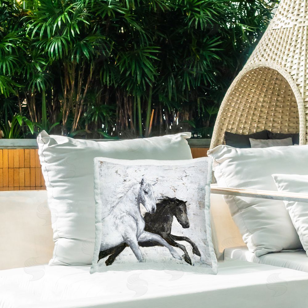 Design Fabrikken Galloping Rustic Horses Outdoor Quick-Dry Polyester Printed Throw Pillow in Back Yard