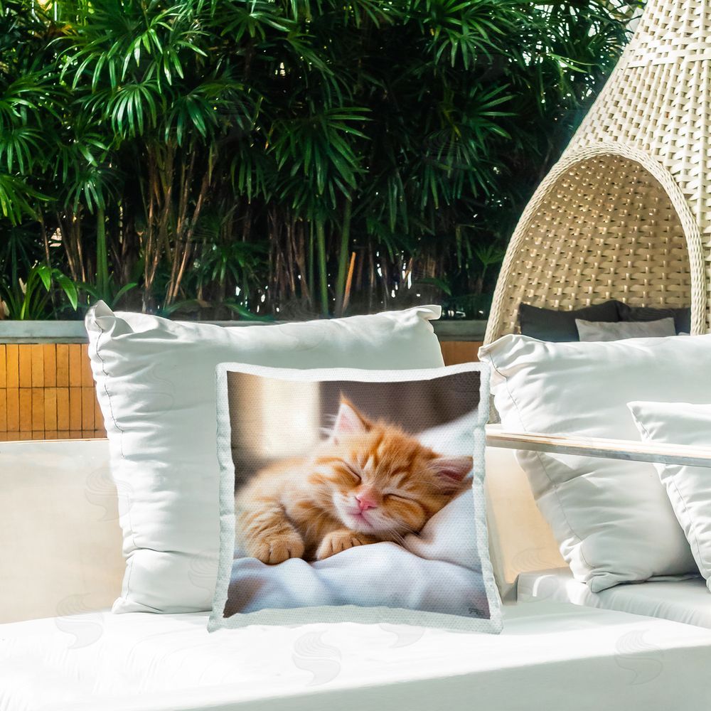 RB Snuggled Sleeping Kitten Outdoor Quick-Dry Polyester Printed Throw Pillow in Back Yard
