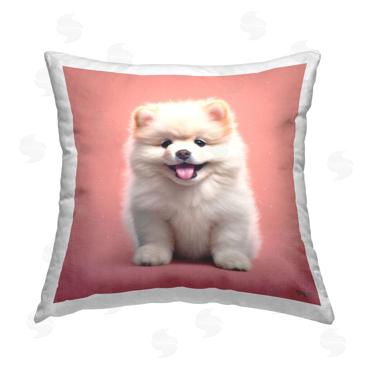 RB Fluffy White Puppy Printed Plush Polyester Throw Pillow