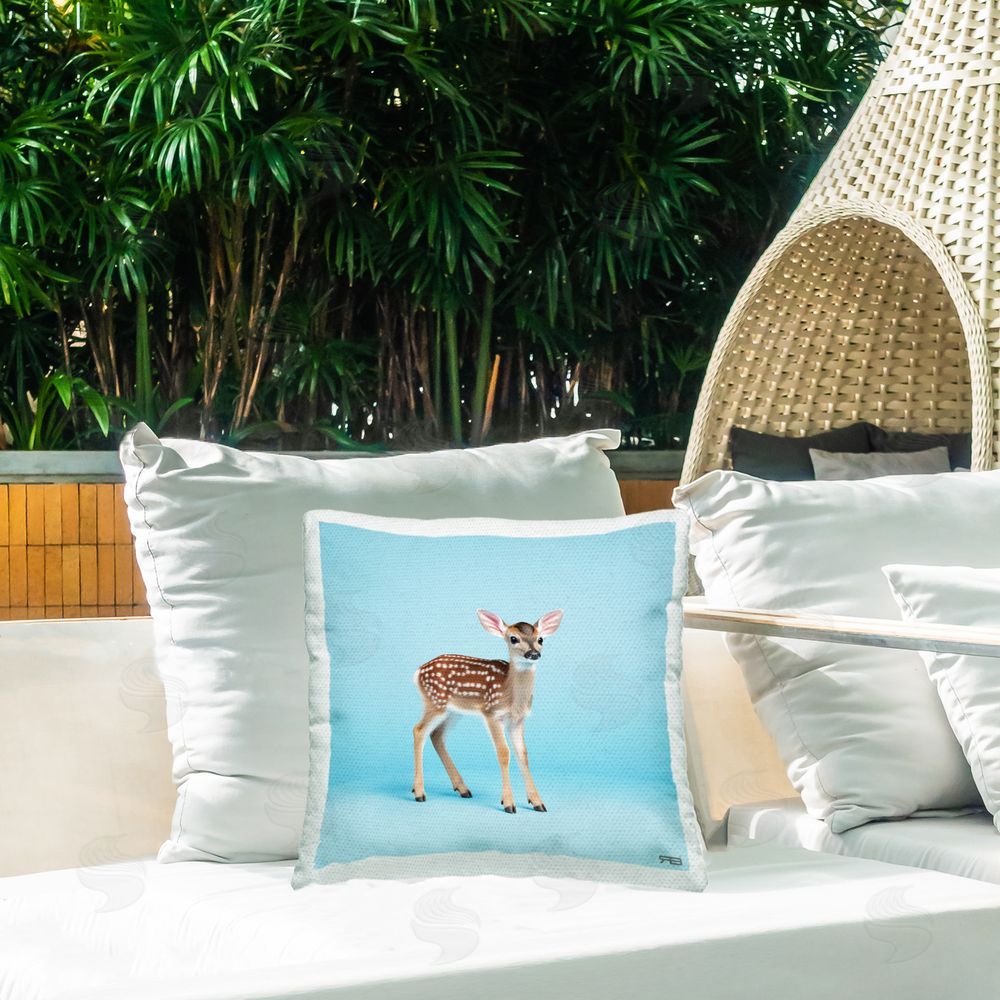 RB Forest Fawn on Blue Outdoor Quick-Dry Polyester Printed Throw Pillow in Back Yard