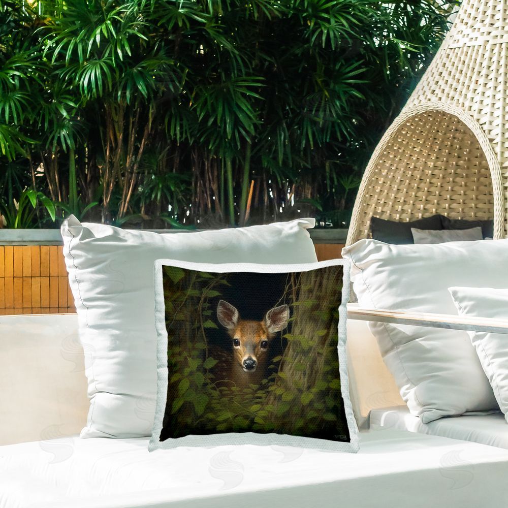 RB Fawn Peeking Ivy Plants Outdoor Quick-Dry Polyester Printed Throw Pillow in Back Yard