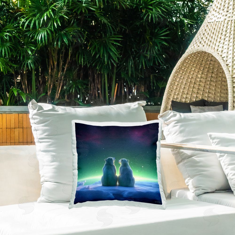 RB Bears Under Northern Lights Outdoor Quick-Dry Polyester Printed Throw Pillow in Back Yard