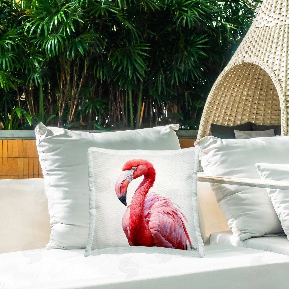 RB Flamingo with Fluffed Feathers Outdoor Quick-Dry Polyester Printed Throw Pillow in Back Yard