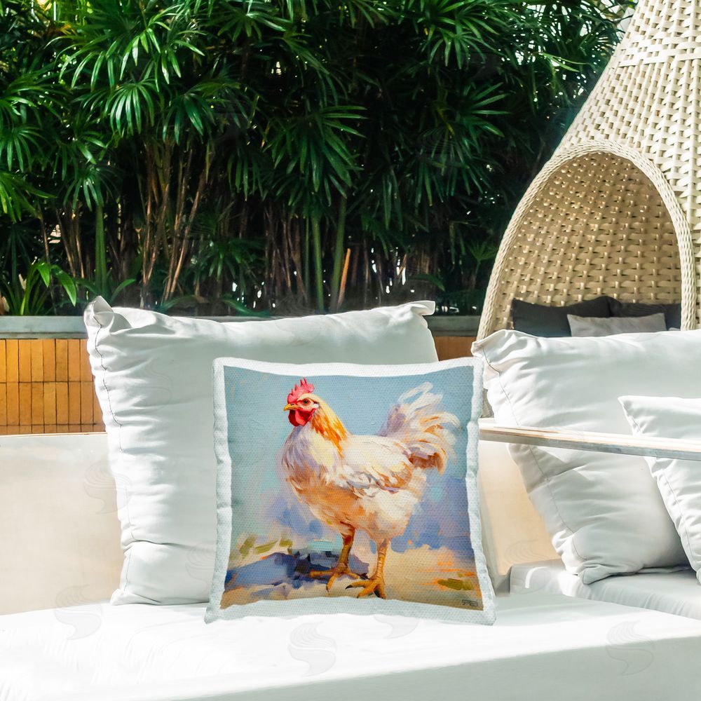 RB Painterly Country Rooster Outdoor Quick-Dry Polyester Printed Throw Pillow in Back Yard