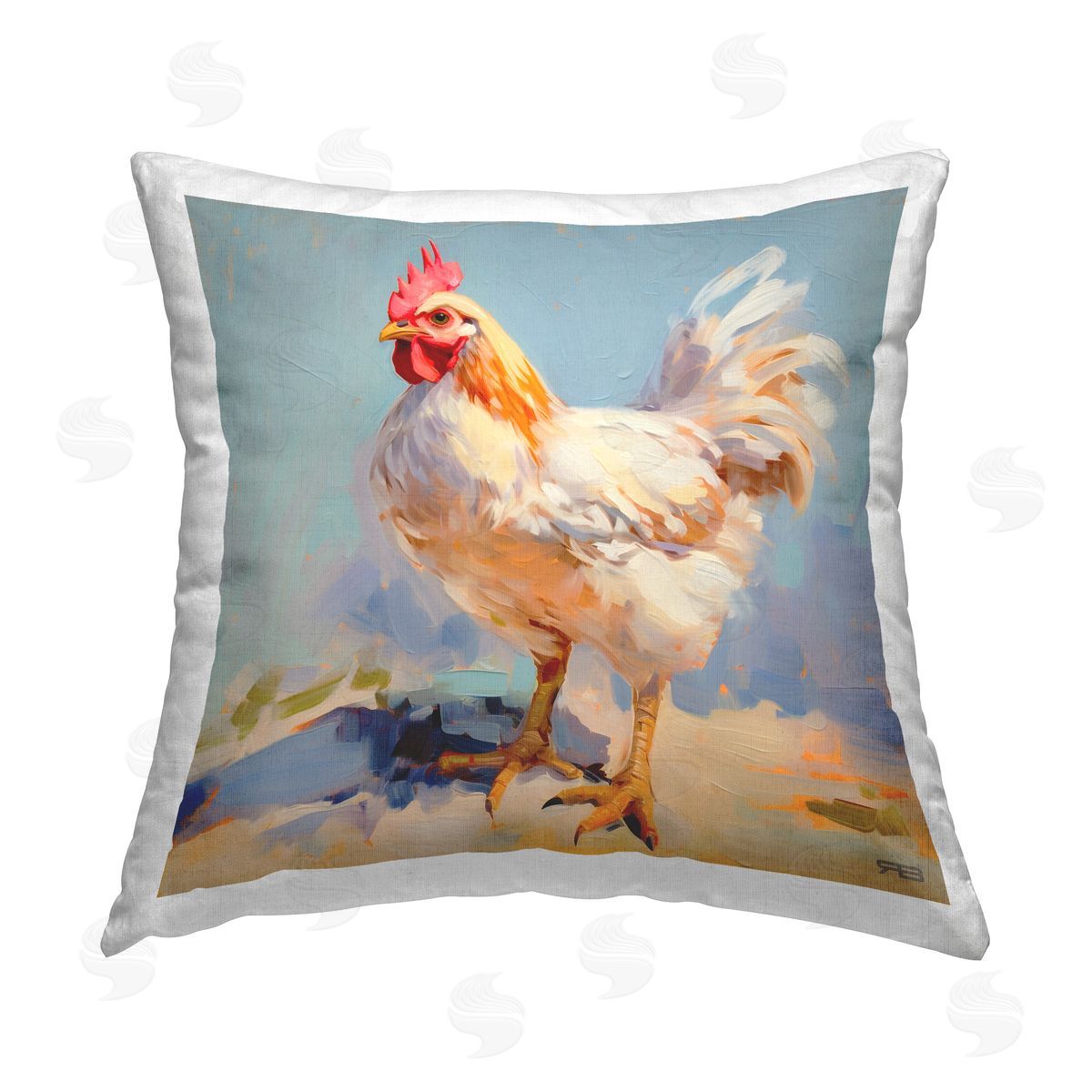 RB Painterly Country Rooster Printed Plush Polyester Throw Pillow