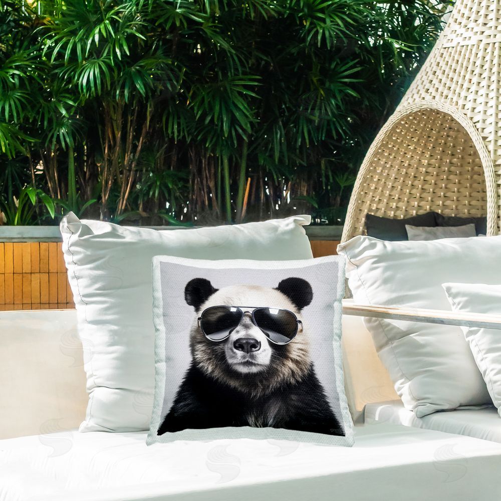 RB Trendy Panda with Sunglasses Outdoor Quick-Dry Polyester Printed Throw Pillow in Back Yard