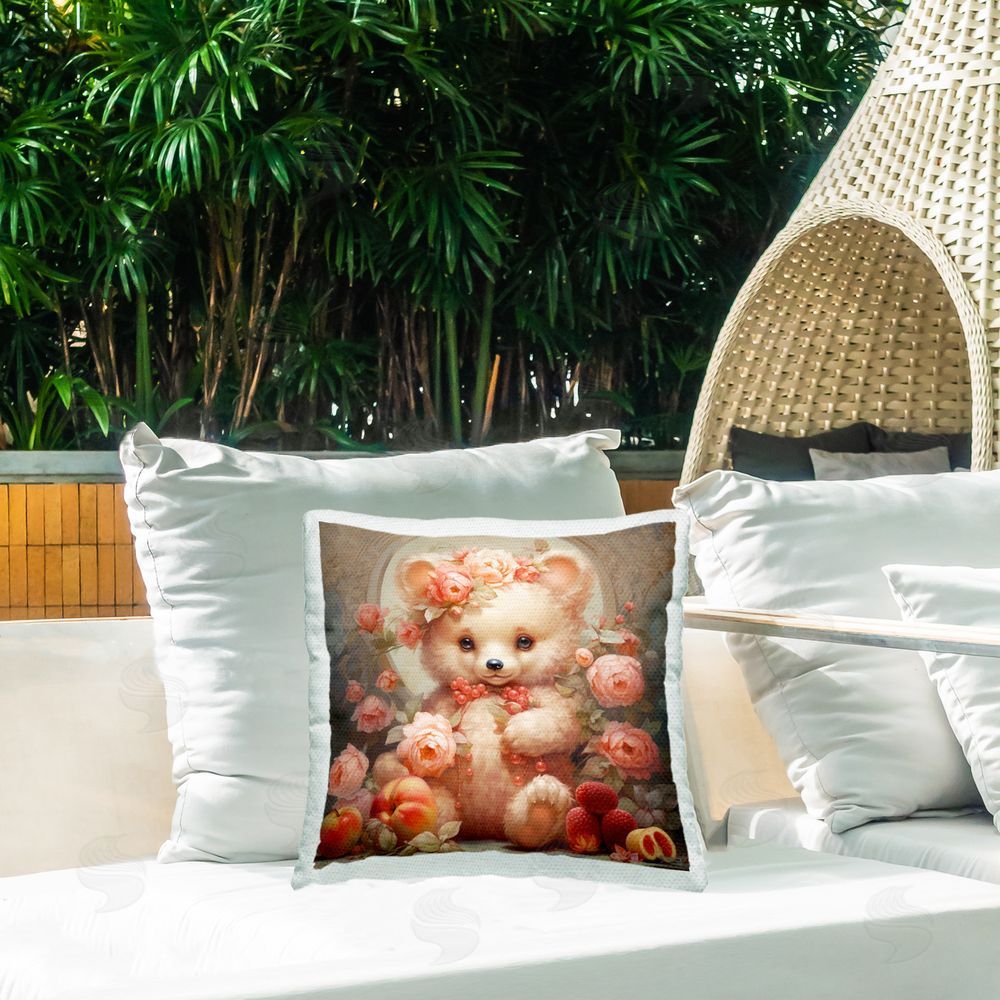RB Elegant Bear with Florals Outdoor Quick-Dry Polyester Printed Throw Pillow in Back Yard