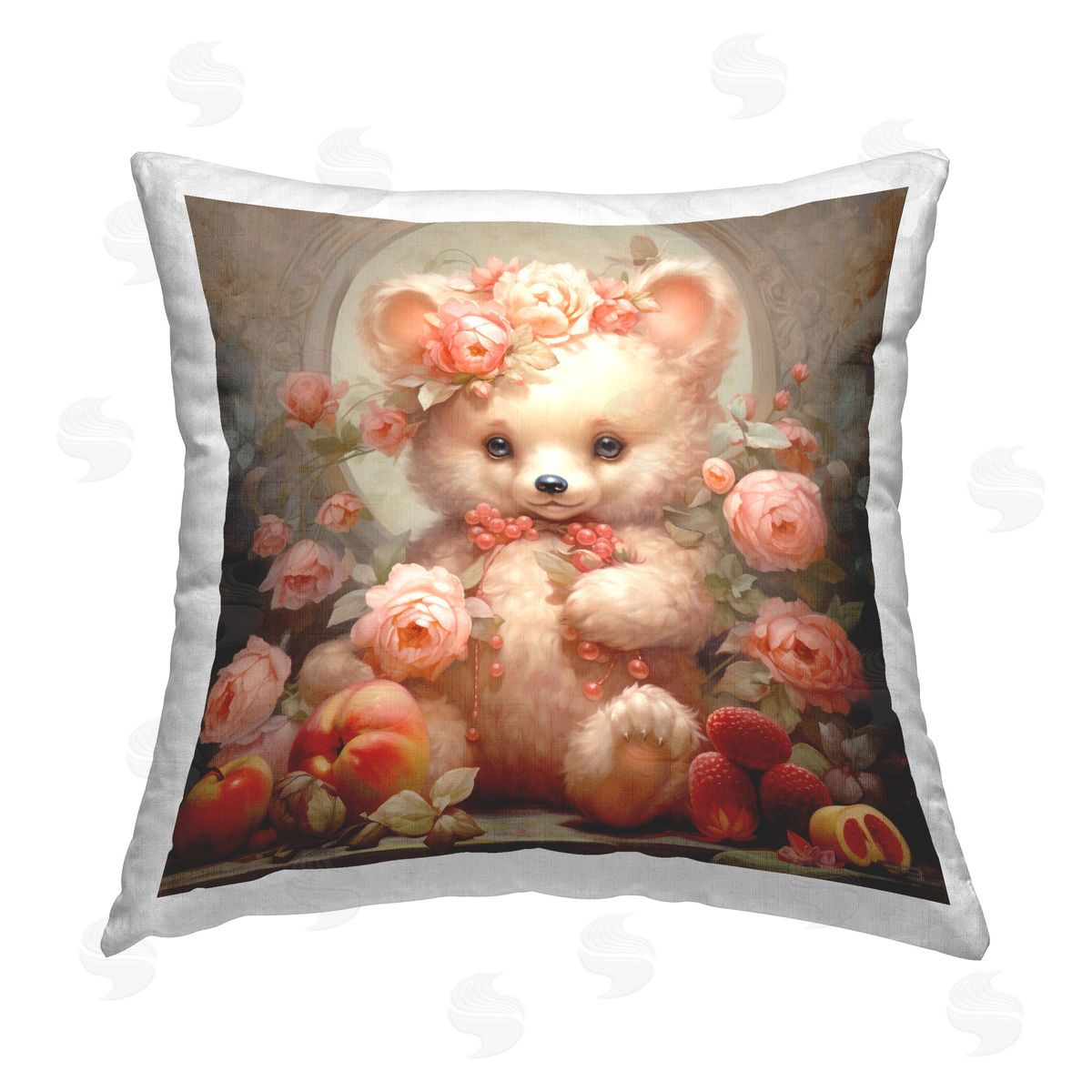 RB Elegant Bear with Florals Printed Plush Polyester Throw Pillow