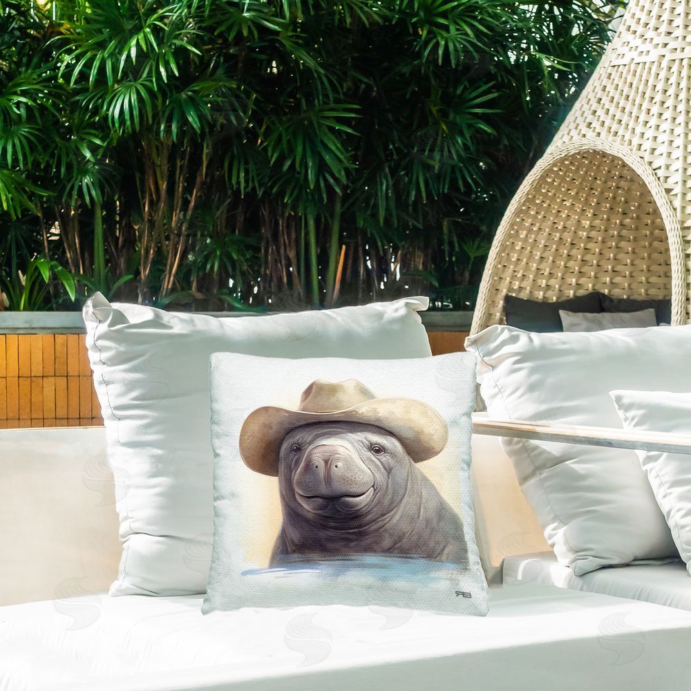 RB Smiling Manatee with Hat Outdoor Quick-Dry Polyester Printed Throw Pillow in Back Yard