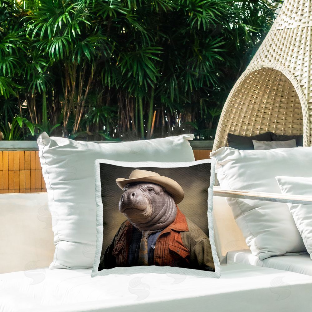 RB Western Manatee Portrait Outdoor Quick-Dry Polyester Printed Throw Pillow in Back Yard