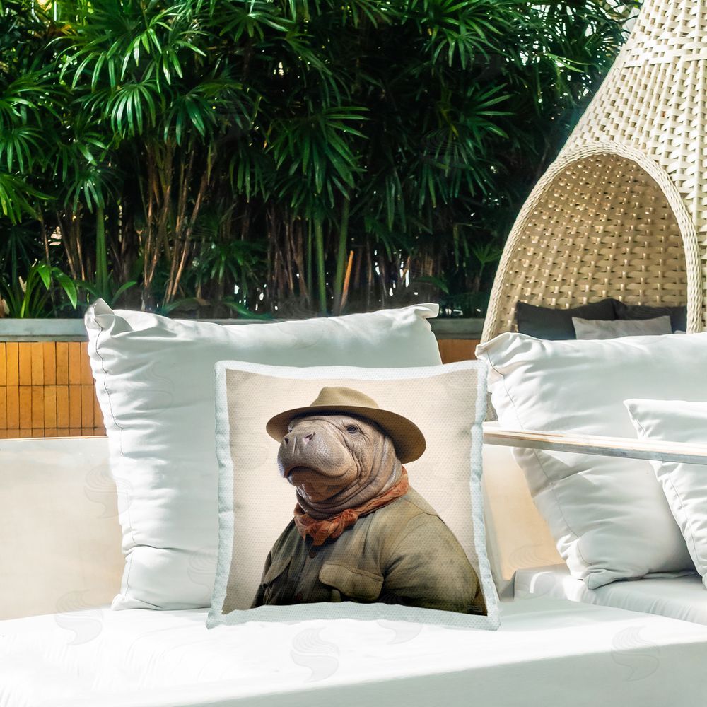 RB Manatee in Vintage Clothes Outdoor Quick-Dry Polyester Printed Throw Pillow in Back Yard