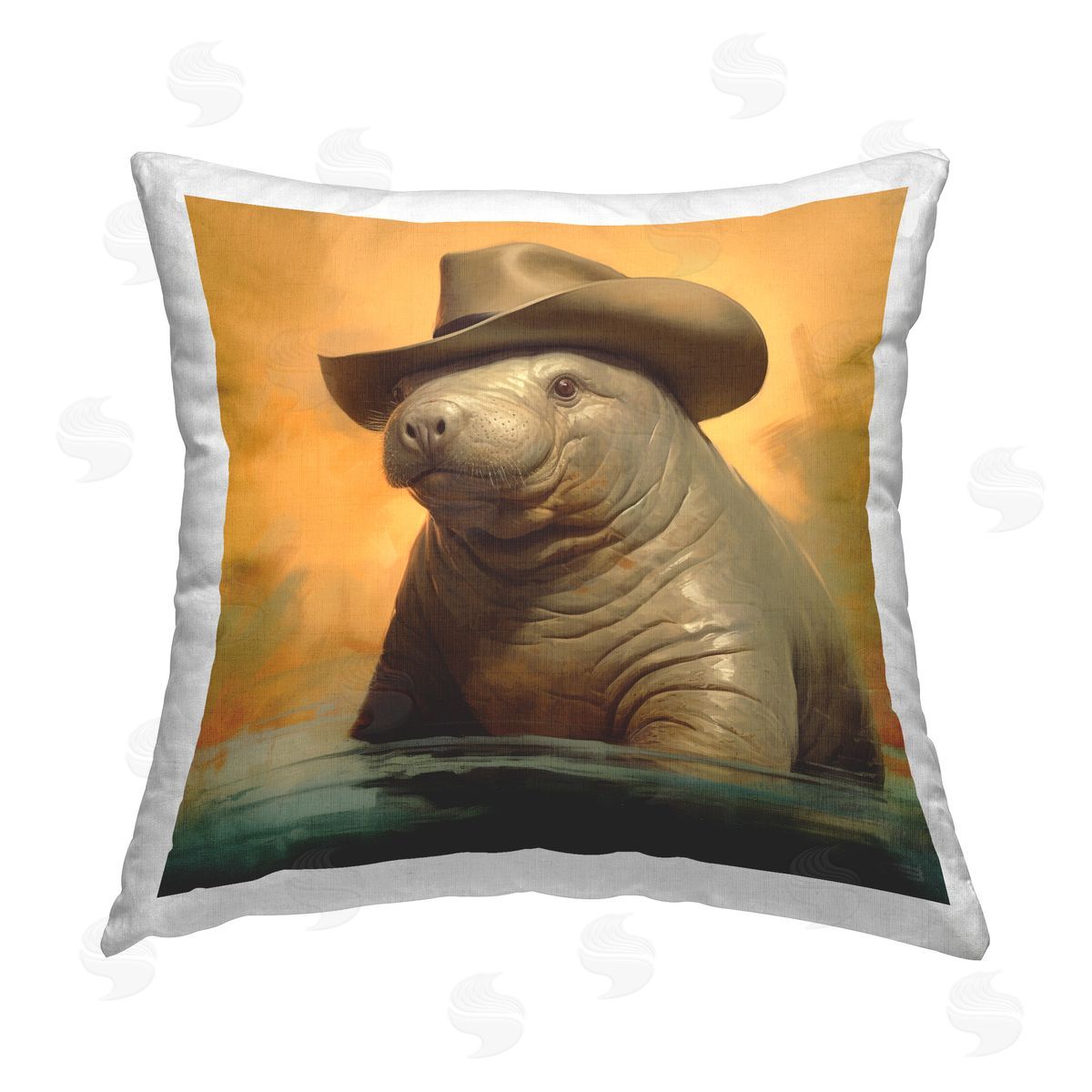 RB Manatee & Cowboy Hat Printed Plush Polyester Throw Pillow