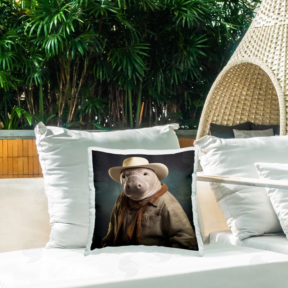 RB Cowboy Manatee Portrait Outdoor Quick-Dry Polyester Printed Throw Pillow in Back Yard