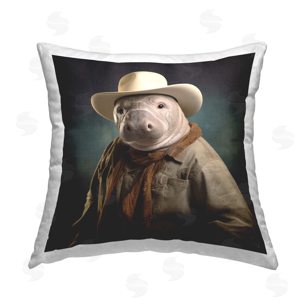 RB Cowboy Manatee Portrait Printed Plush Polyester Throw Pillow