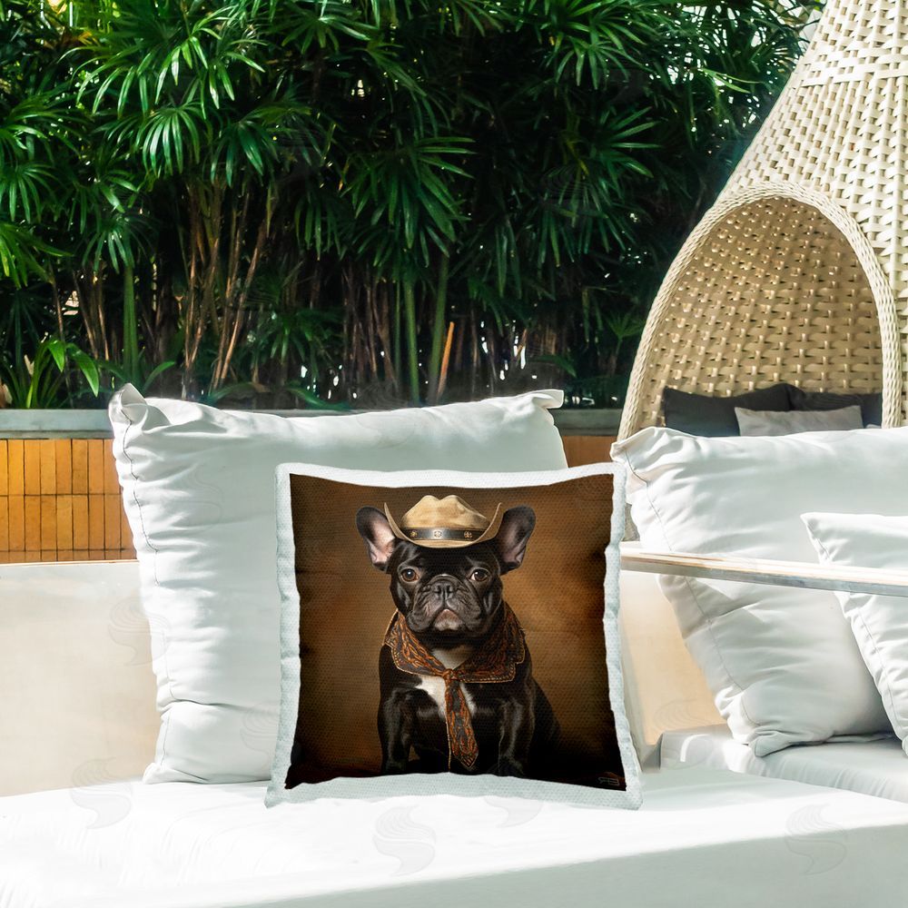 RB Cowboy French Bulldog Outdoor Quick-Dry Polyester Printed Throw Pillow in Back Yard