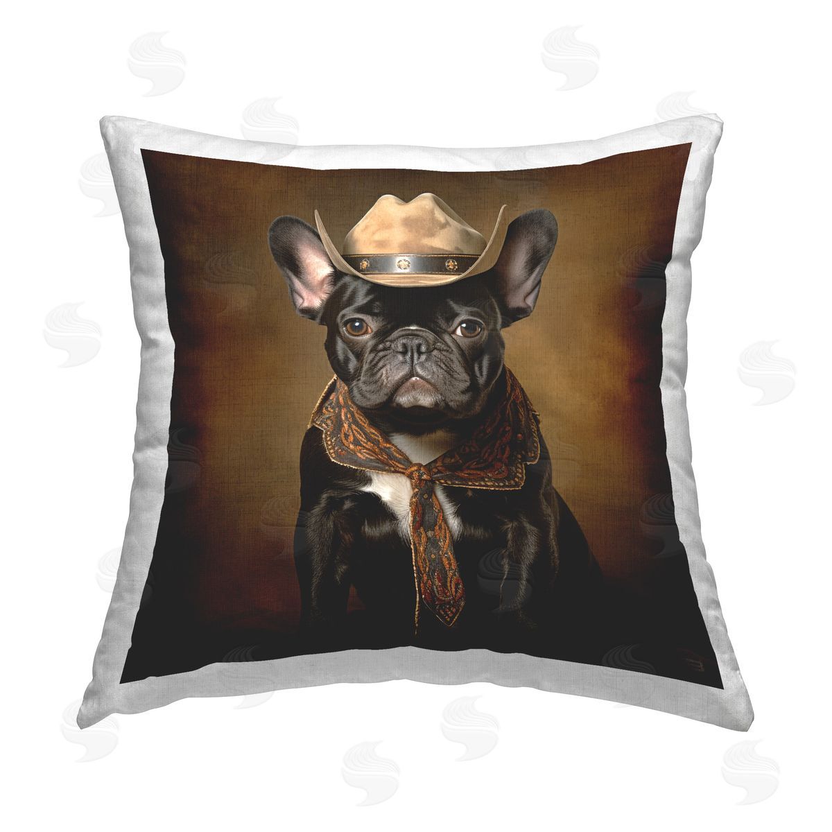 RB Cowboy French Bulldog Printed Plush Polyester Throw Pillow