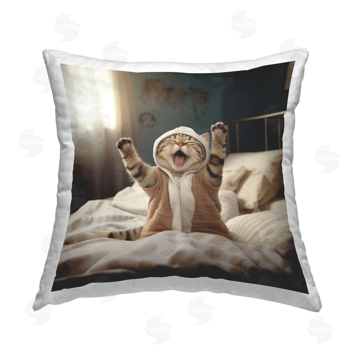 RB Sleepy Yawning Cat Printed Plush Polyester Throw Pillow