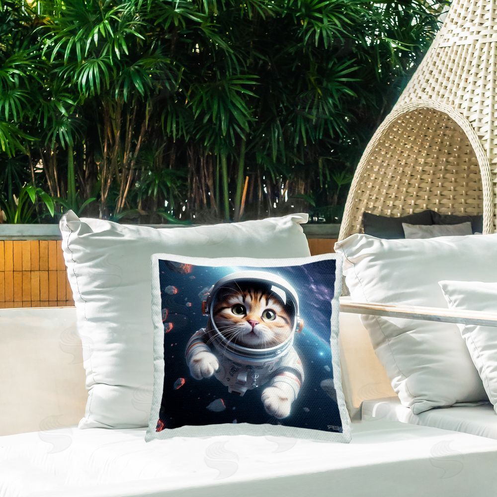 RB Astronaut Cat in Space Outdoor Quick-Dry Polyester Printed Throw Pillow in Back Yard