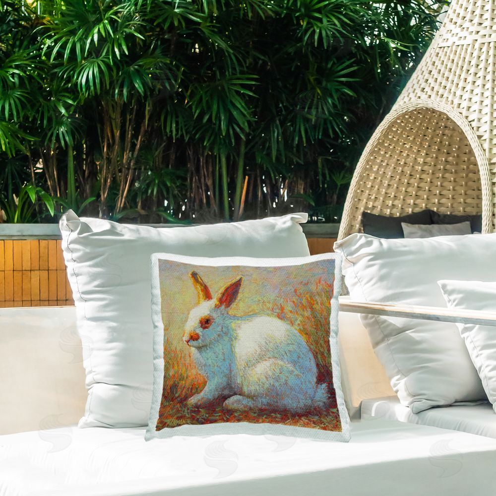 Rita Kirkman Impressionist White Rabbit Outdoor Quick-Dry Polyester Printed Throw Pillow in Back Yard