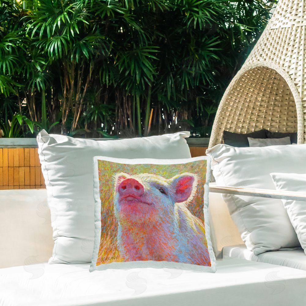 Rita Kirkman Impressionist Smiling Pig Outdoor Quick-Dry Polyester Printed Throw Pillow in Back Yard