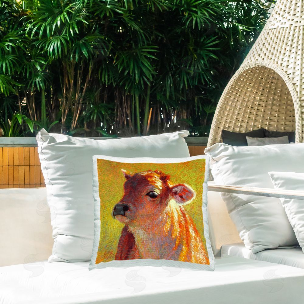 Rita Kirkman Impressionist Sunlit Cow Outdoor Quick-Dry Polyester Printed Throw Pillow in Back Yard