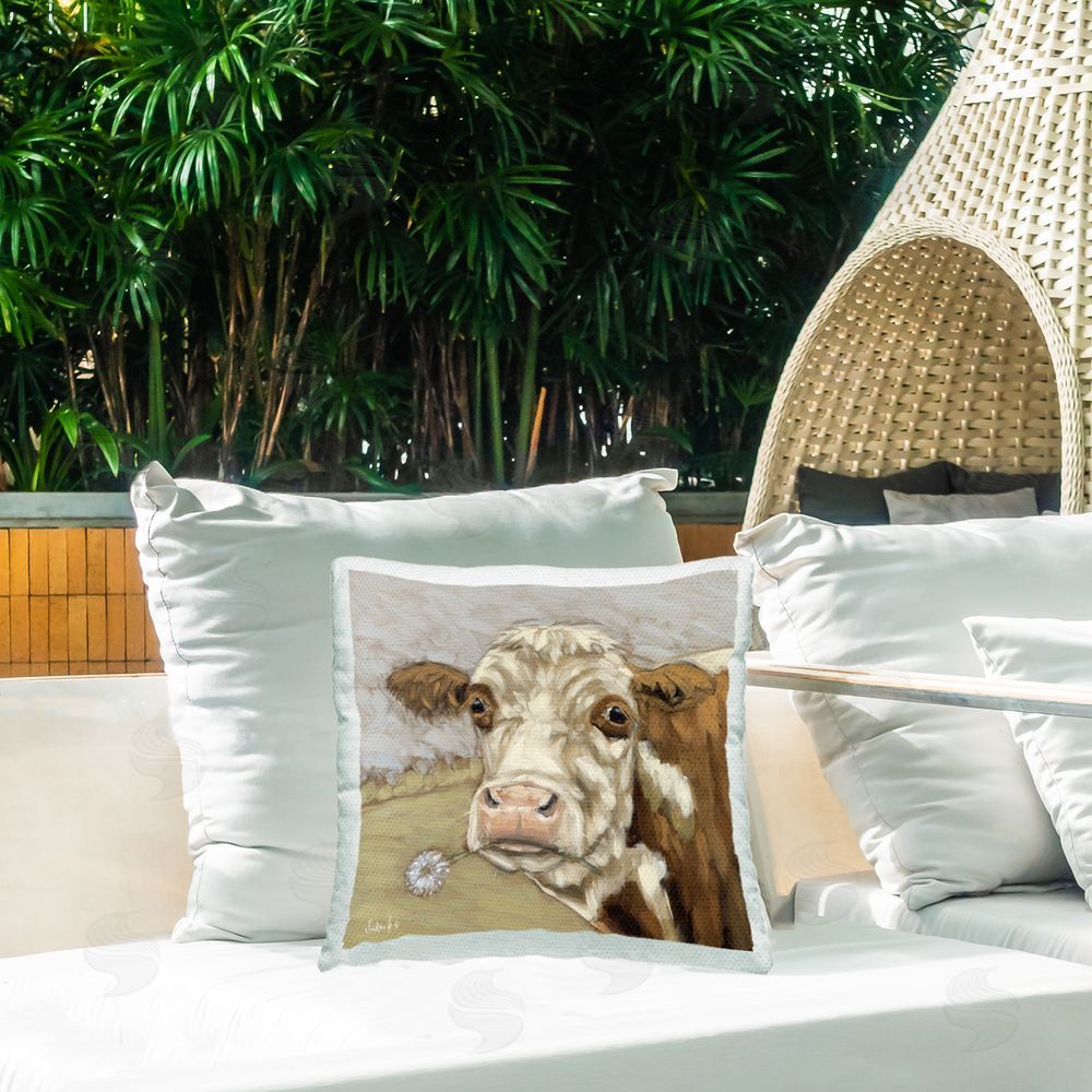 Sara G. Designs Country Cattle & Dandelion Outdoor Quick-Dry Polyester Printed Throw Pillow in Back Yard