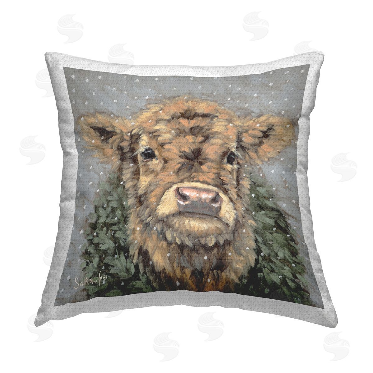 Sara G. Designs Cattle & Falling Snowflakes Outdoor Quick-Dry Polyester Printed Throw Pillow