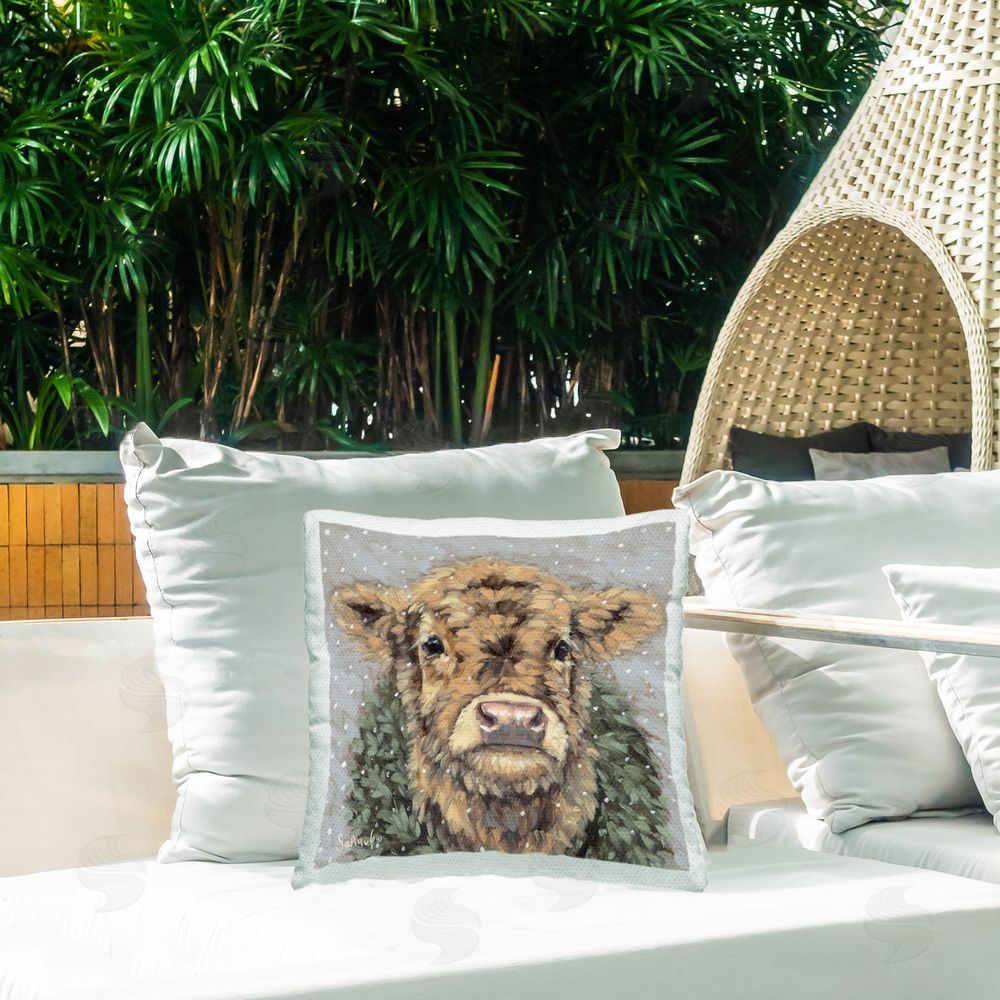 Sara G. Designs Cattle & Falling Snowflakes Outdoor Quick-Dry Polyester Printed Throw Pillow in Back Yard
