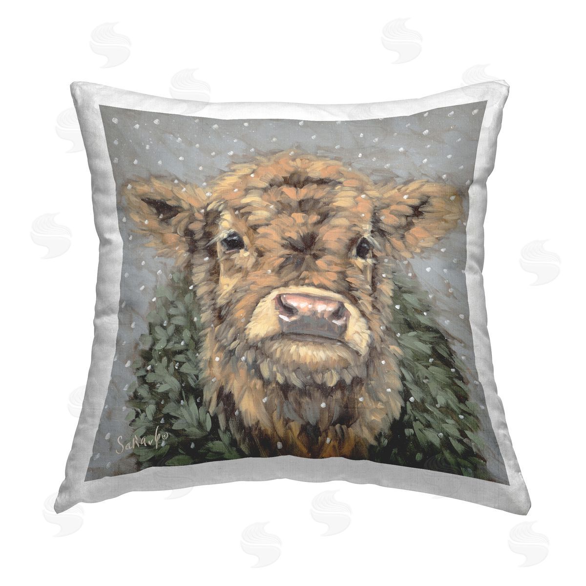 Sara G. Designs Cattle & Falling Snowflakes Printed Plush Polyester Throw Pillow