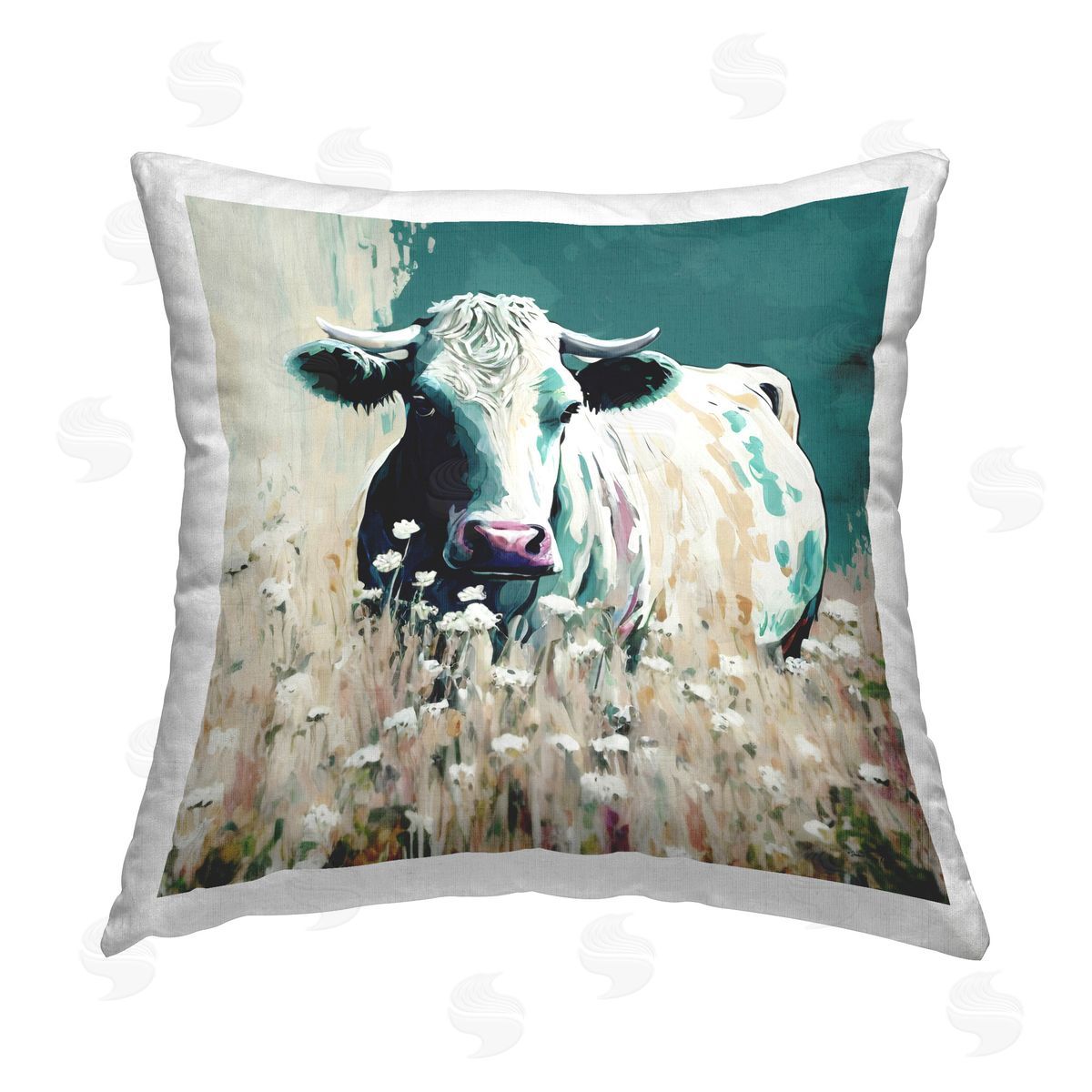 Seven Trees Design Modern Cow in Meadow Printed Plush Polyester Throw Pillow