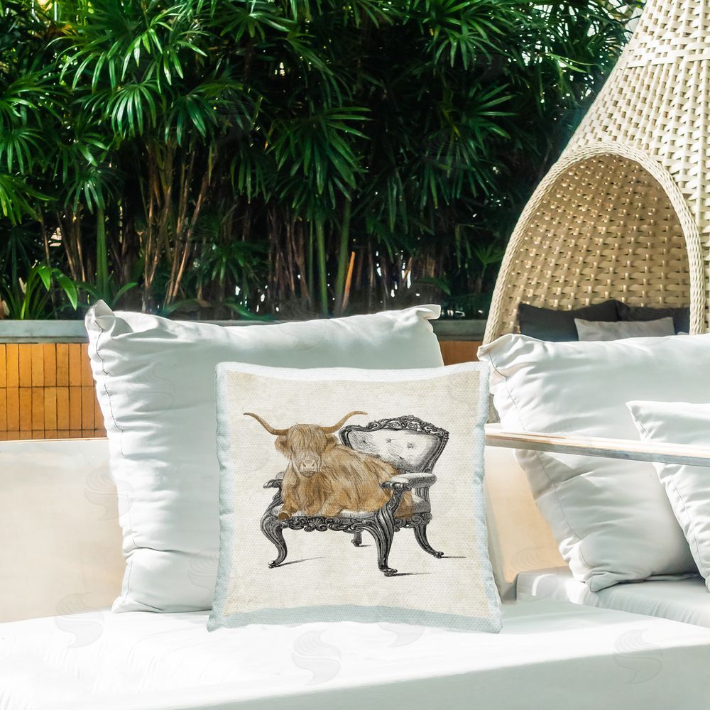 Elizabeth Medley Longhorn & Antique Chair Outdoor Quick-Dry Polyester Printed Throw Pillow in Back Yard