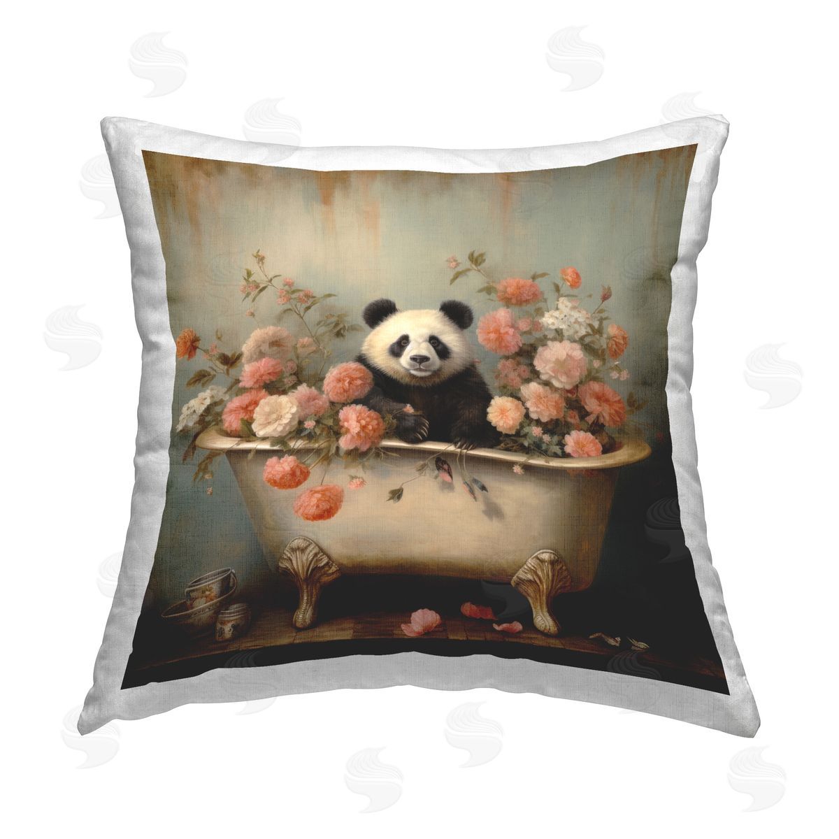 Lazar Studio Panda & Peonies Tub Printed Plush Polyester Throw Pillow