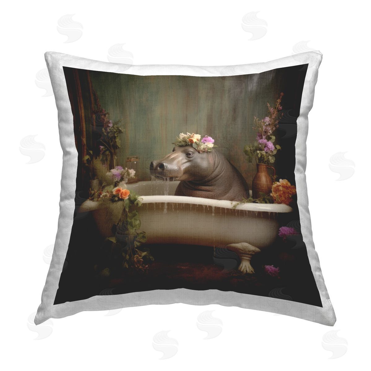 Lazar Studio Floral Bathing Hippo Printed Plush Polyester Throw Pillow