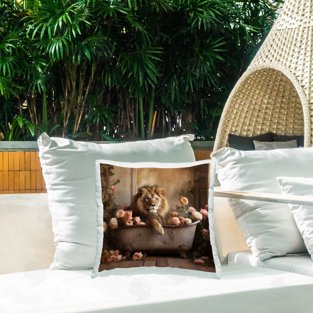 Lazar Studio Lion in Floral Tub Outdoor Quick-Dry Polyester Printed Throw Pillow in Back Yard
