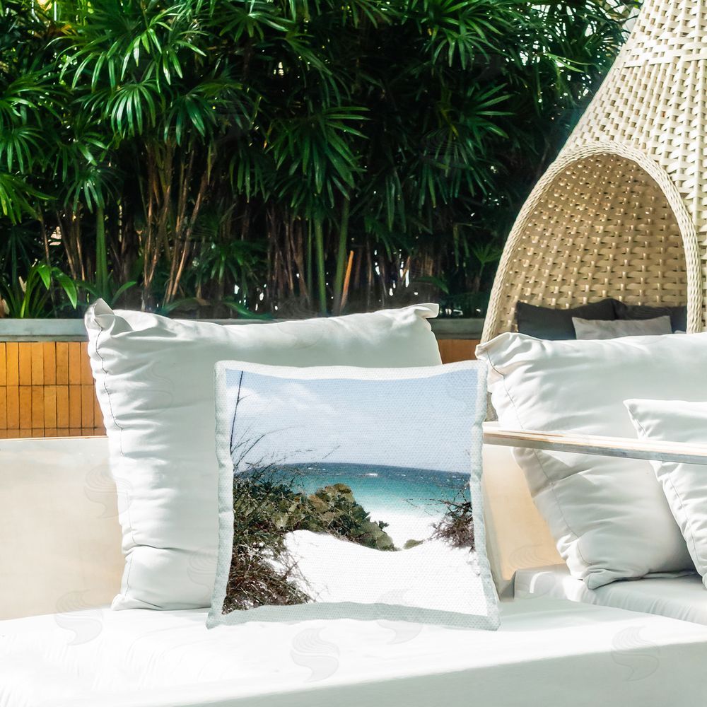 Noah Bay White Sand Beach Outdoor Quick-Dry Polyester Printed Throw Pillow in Back Yard