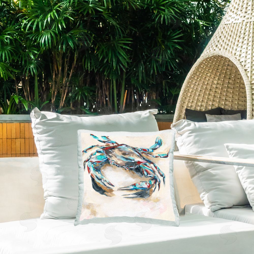 Melissa Wang Blue & Red Crab Outdoor Quick-Dry Polyester Printed Throw Pillow in Back Yard