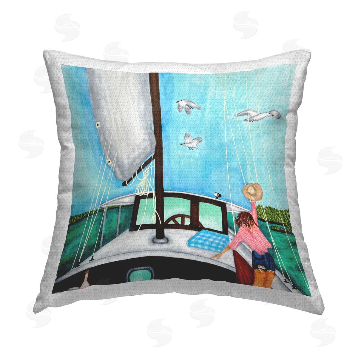 Ale Saiz Studio Woman on Summer Boat Outdoor Quick-Dry Polyester Printed Throw Pillow