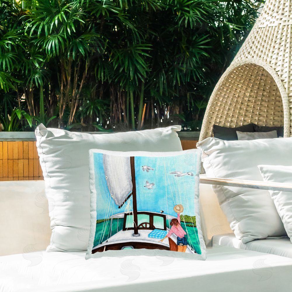 Ale Saiz Studio Woman on Summer Boat Outdoor Quick-Dry Polyester Printed Throw Pillow in Back Yard